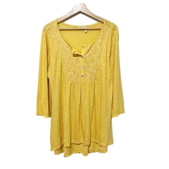 LOGO Lori Goldstein Lace‎ Tunic Top Womens Size S 3/4 Sleeves Stretch Yellow - Picture 1 of 5